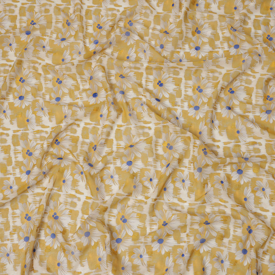 Mustard Yellow Daisy Floral Print Cotton Voile Fabric with White and Blue Accents on Abstract Base, 140 Cms Width, Made in India-D24336
