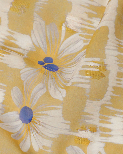 Mustard Yellow Daisy Floral Print Cotton Voile Fabric with White and Blue Accents on Abstract Base, 140 Cms Width, Made in India-D24336