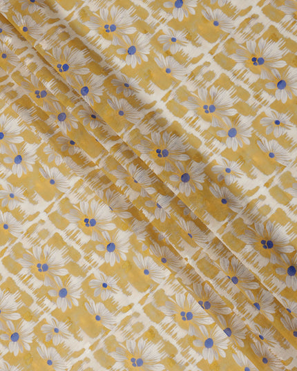Mustard Yellow Daisy Floral Print Cotton Voile Fabric with White and Blue Accents on Abstract Base, 140 Cms Width, Made in India-D24336