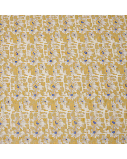 Mustard Yellow Daisy Floral Print Cotton Voile Fabric with White and Blue Accents on Abstract Base, 140 Cms Width, Made in India-D24336