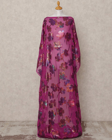 Magenta Pure Silk Chiffon Somali Dirac Fabric with Metallic Floral Lurex, 3.5 Mtrs, Width 140 Cms, Made in South Korea-D24524