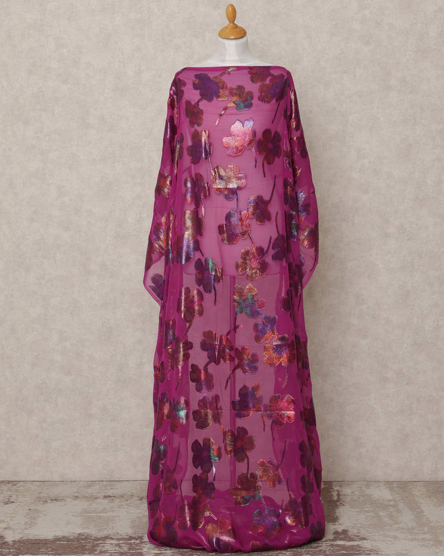 Magenta Pure Silk Chiffon Somali Dirac Fabric with Metallic Floral Lurex, 3.5 Mtrs, Width 140 Cms, Made in South Korea-D24524