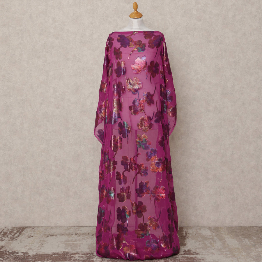 Magenta Pure Silk Chiffon Somali Dirac Fabric with Metallic Floral Lurex, 3.5 Mtrs, Width 140 Cms, Made in South Korea-D24524