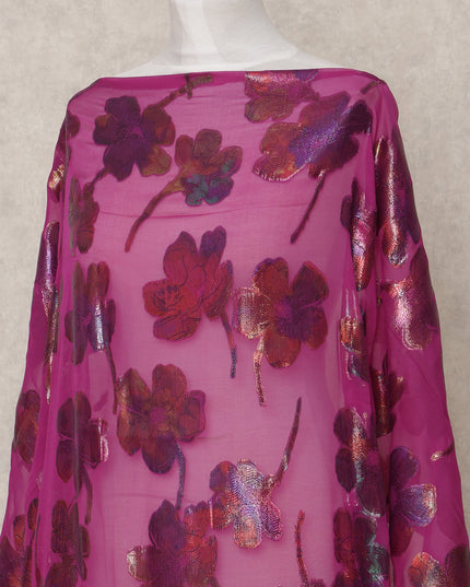 Magenta Pure Silk Chiffon Somali Dirac Fabric with Metallic Floral Lurex, 3.5 Mtrs, Width 140 Cms, Made in South Korea-D24524