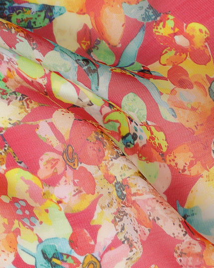 Coral Red Synthetic Chiffon Fabric with Colorful Dragonfly Print, 140 cm Wide-D19111