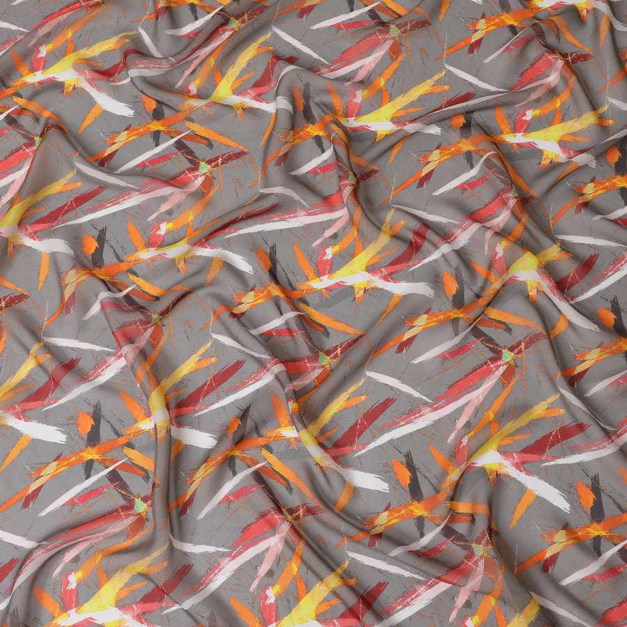 Modern Gray Synthetic Chiffon Fabric with Abstract Orange and Red Strokes, 140 cm Wide-D19112 Regal Fabrics