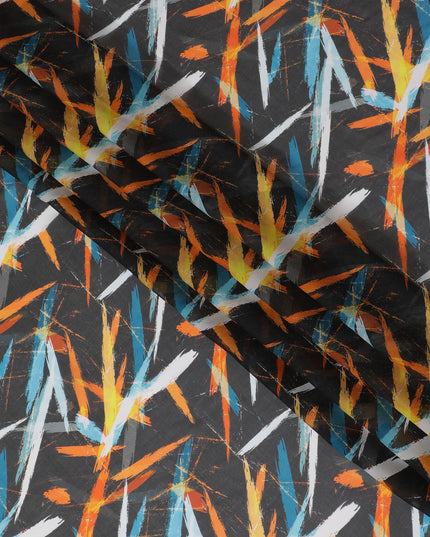 Edgy Charcoal Synthetic Chiffon Fabric with Bold Orange and Blue Abstract Print, 140 cm Wide-D19114