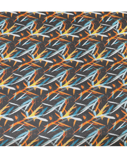 Edgy Charcoal Synthetic Chiffon Fabric with Bold Orange and Blue Abstract Print, 140 cm Wide-D19114