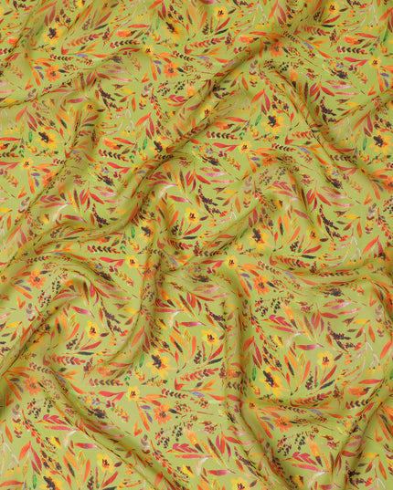 Lemon Yellow Synthetic Chiffon Fabric with Vivid Autumn Leaf Print, 140 cm Wide-D19116