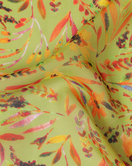 Lemon Yellow Synthetic Chiffon Fabric with Vivid Autumn Leaf Print, 140 cm Wide-D19116