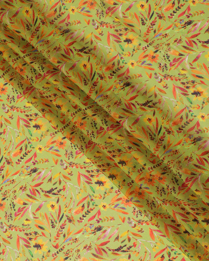 Lemon Yellow Synthetic Chiffon Fabric with Vivid Autumn Leaf Print, 140 cm Wide-D19116