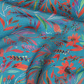 Ocean Blue Synthetic Chiffon Fabric with Tropical Coral and Teal Floral Print, 140 cm Wide-D19117