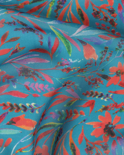 Ocean Blue Synthetic Chiffon Fabric with Tropical Coral and Teal Floral Print, 140 cm Wide-D19117