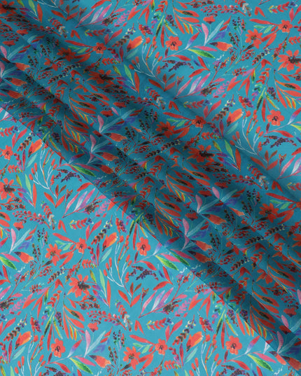 Ocean Blue Synthetic Chiffon Fabric with Tropical Coral and Teal Floral Print, 140 cm Wide-D19117