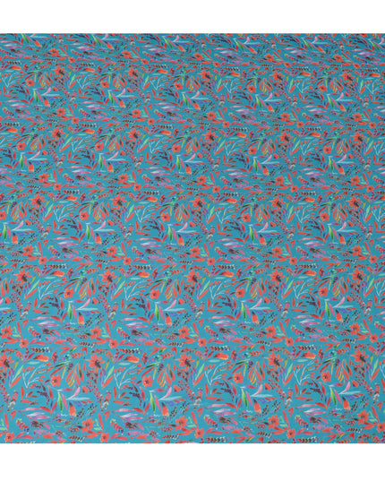 Ocean Blue Synthetic Chiffon Fabric with Tropical Coral and Teal Floral Print, 140 cm Wide-D19117