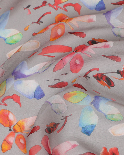 Soft Gray Synthetic Chiffon Fabric with Vibrant Multicolor Floral Print, 140 cm Wide-D19121