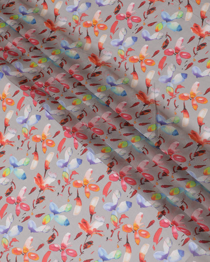 Soft Gray Synthetic Chiffon Fabric with Vibrant Multicolor Floral Print, 140 cm Wide-D19121