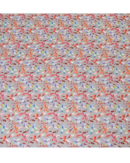 Soft Gray Synthetic Chiffon Fabric with Vibrant Multicolor Floral Print, 140 cm Wide-D19121