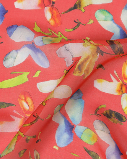 Vibrant Coral Synthetic Chiffon Fabric with Blue and Yellow Floral Print, 140 cm Wide-D19123