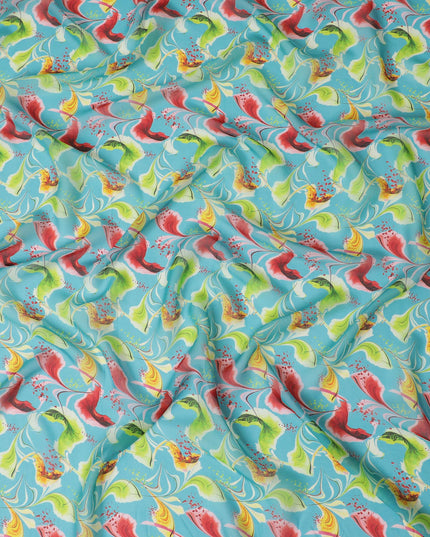 Turquoise Synthetic Chiffon Fabric with Exotic Bird and Floral Print, 140 cm Wide-D19124