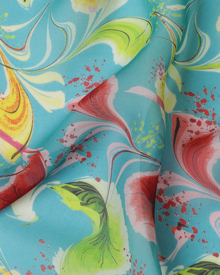 Turquoise Synthetic Chiffon Fabric with Exotic Bird and Floral Print, 140 cm Wide-D19124