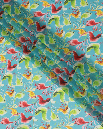 Turquoise Synthetic Chiffon Fabric with Exotic Bird and Floral Print, 140 cm Wide-D19124