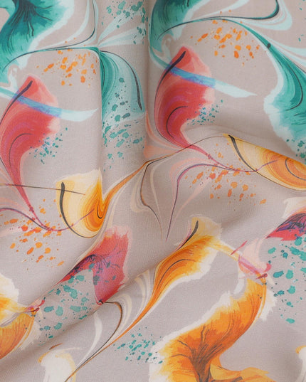 Soft Cream Synthetic Chiffon Fabric with Vibrant Peacock Feather Print, 140 cm Wide-D19125