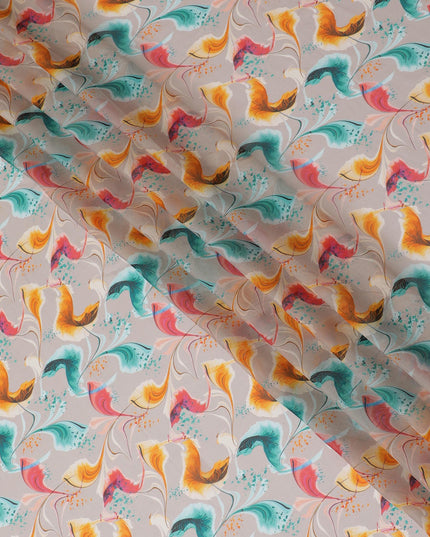 Soft Cream Synthetic Chiffon Fabric with Vibrant Peacock Feather Print, 140 cm Wide-D19125