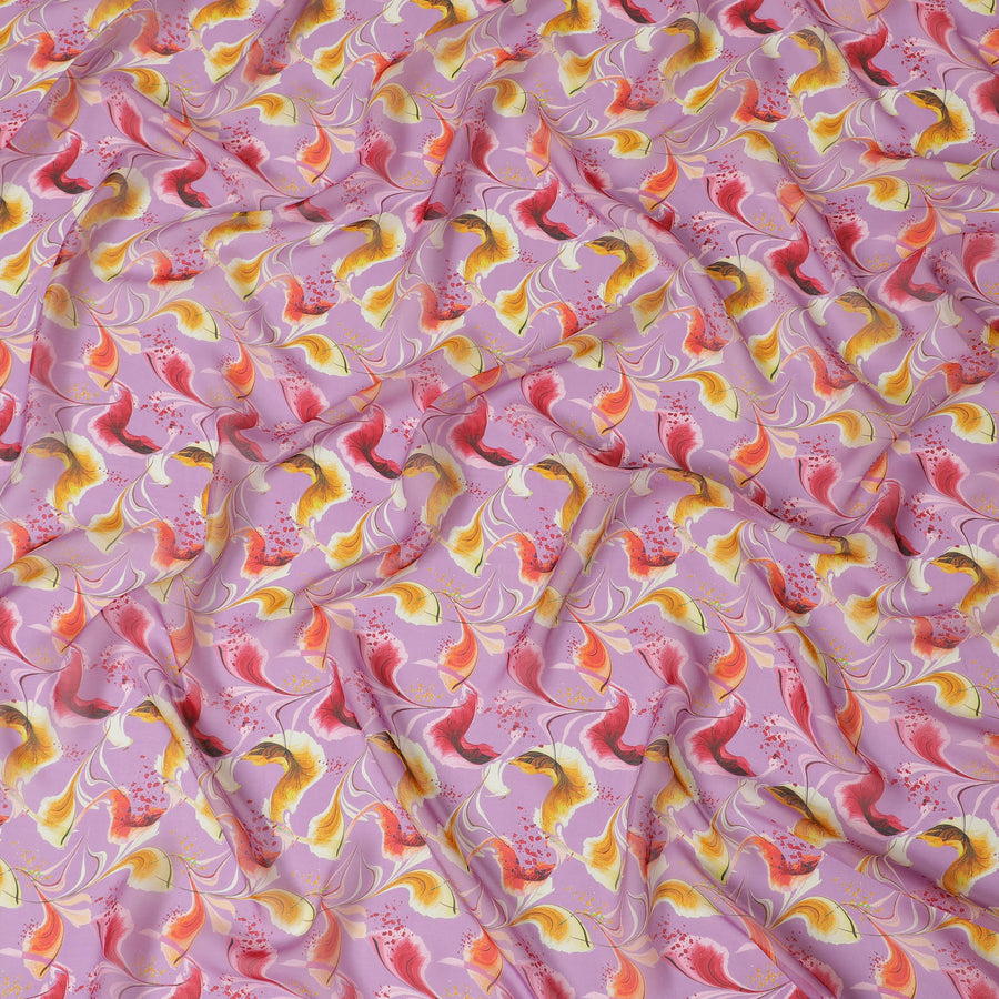 قماش شيفون صناعي لافندر مع طباعة ريش الطاووس باللونين الذهبي والوردي، بعرض 140 سم-D19126