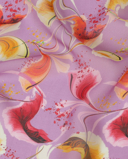 Lavender Synthetic Chiffon Fabric with Elegant Gold and Pink Peacock Feather Print, 140 cm Wide-D19126