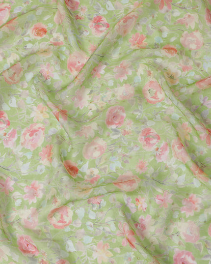 Pastel Green Floral Synthetic Organza Fabric - 110 cm Width, Made in India-D19630