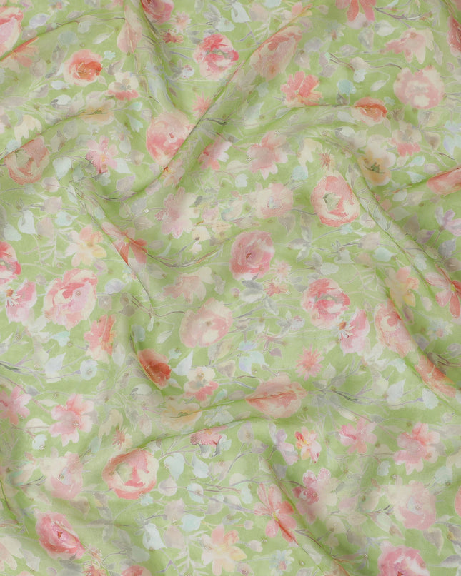 Pastel Green Floral Synthetic Organza Fabric - 110 cm Width, Made in India-D19630 Regal Fabrics