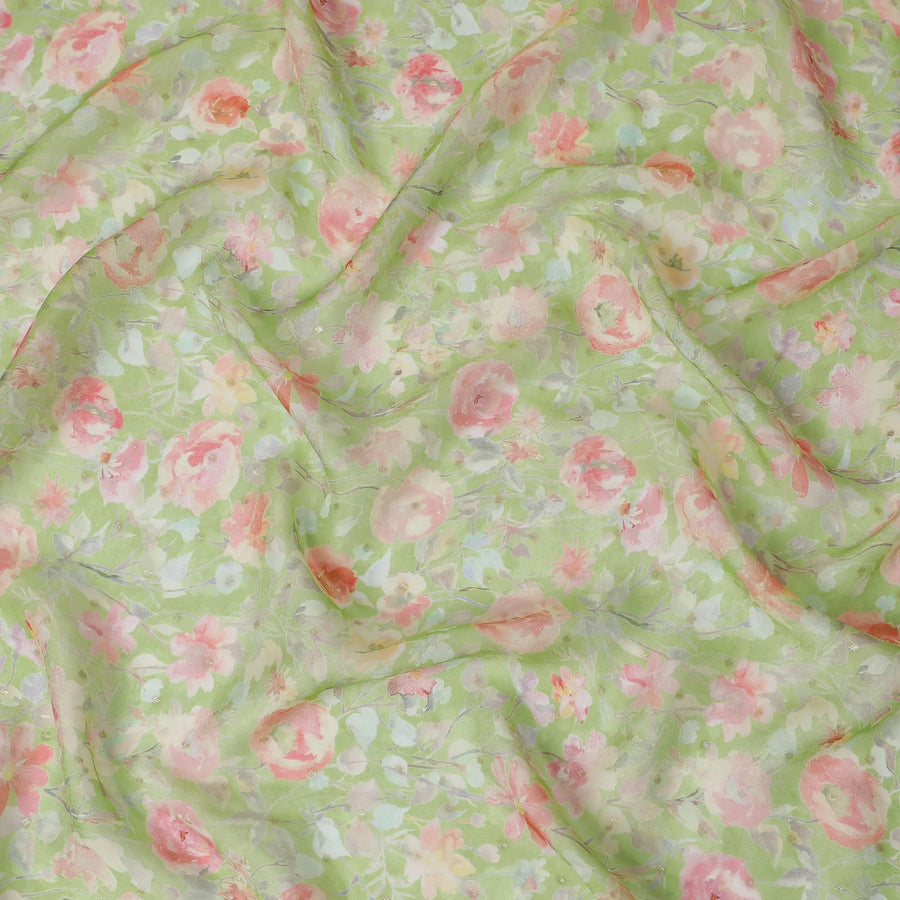 Pastel Green Floral Synthetic Organza Fabric - 110 cm Width, Made in India-D19630 Regal Fabrics