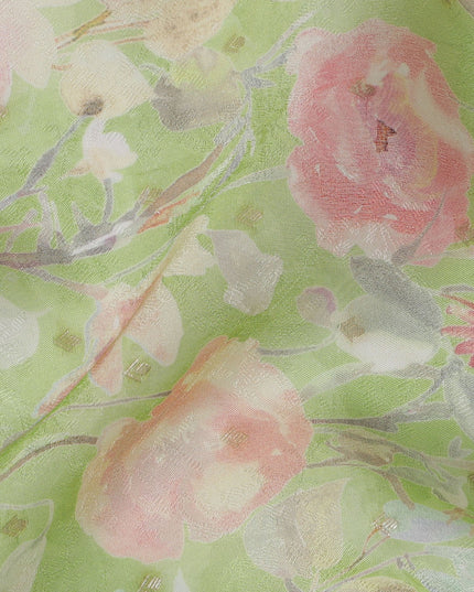 Pastel Green Floral Synthetic Organza Fabric - 110 cm Width, Made in India-D19630