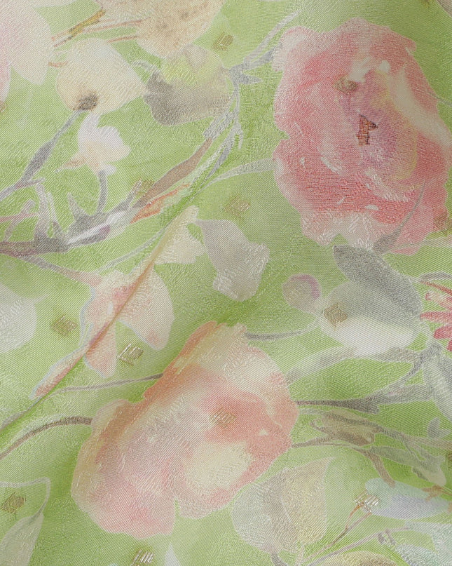 Pastel Green Floral Synthetic Organza Fabric - 110 cm Width, Made in India-D19630 Regal Fabrics