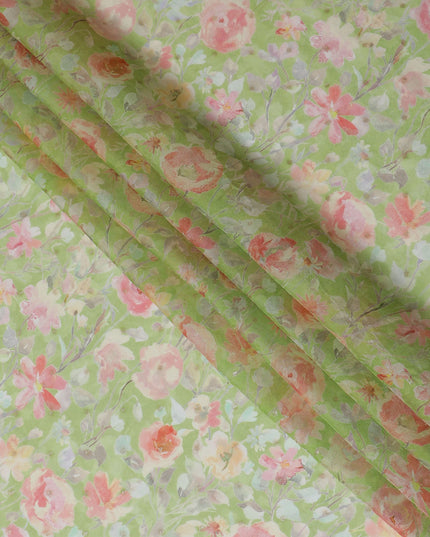 Pastel Green Floral Synthetic Organza Fabric - 110 cm Width, Made in India-D19630