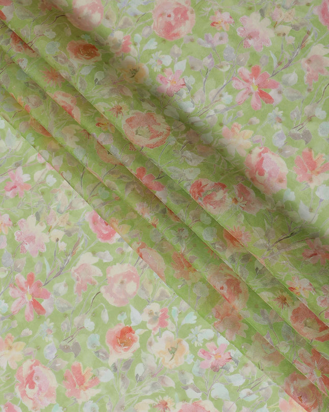 Pastel Green Floral Synthetic Organza Fabric - 110 cm Width, Made in India-D19630 Regal Fabrics