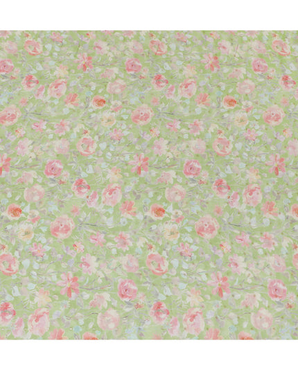 Pastel Green Floral Synthetic Organza Fabric - 110 cm Width, Made in India-D19630