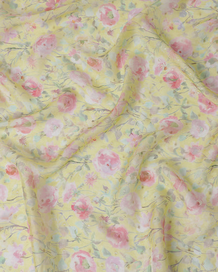 Yellow Floral Synthetic Organza Fabric - 110 cm Width, Made in India-D19631