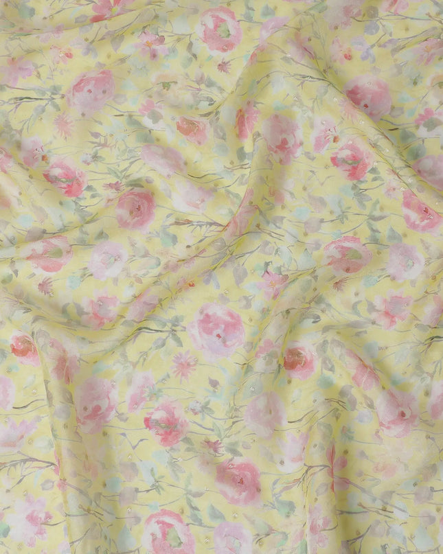Yellow Floral Synthetic Organza Fabric - 110 cm Width, Made in India-D19631 Regal Fabrics