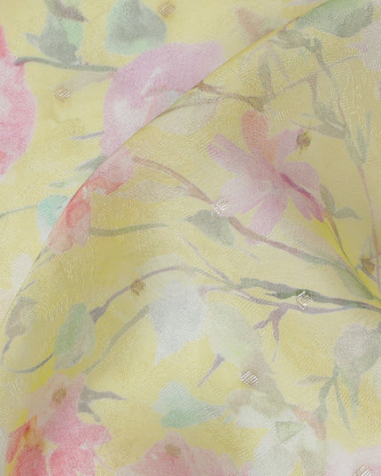 Yellow Floral Synthetic Organza Fabric - 110 cm Width, Made in India-D19631