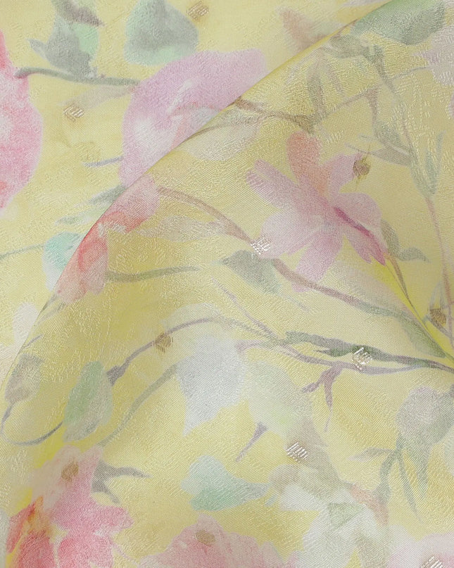 Yellow Floral Synthetic Organza Fabric - 110 cm Width, Made in India-D19631 Regal Fabrics