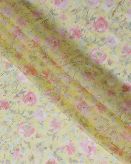 Yellow Floral Synthetic Organza Fabric - 110 cm Width, Made in India-D19631