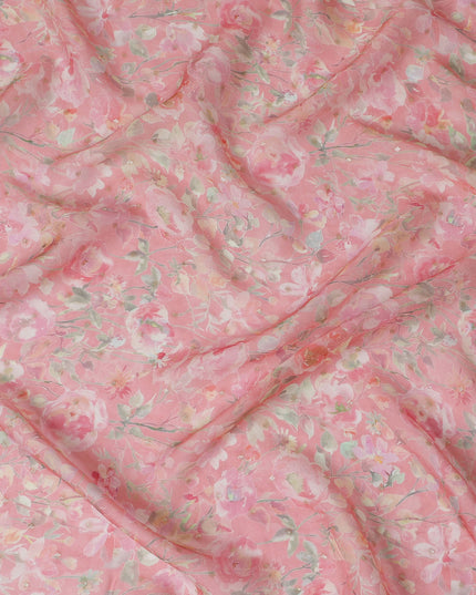 Pink Floral Synthetic Organza Fabric - 110 cm Width, Made in India-D19632