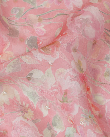 Pink Floral Synthetic Organza Fabric - 110 cm Width, Made in India-D19632