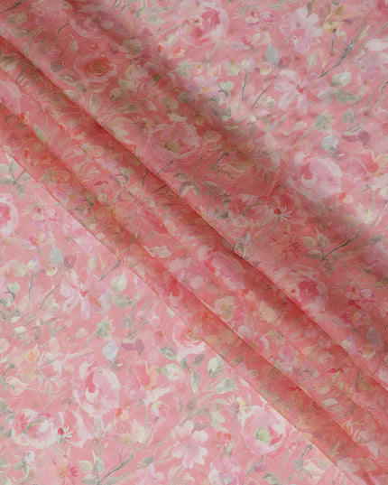 Pink Floral Synthetic Organza Fabric - 110 cm Width, Made in India-D19632