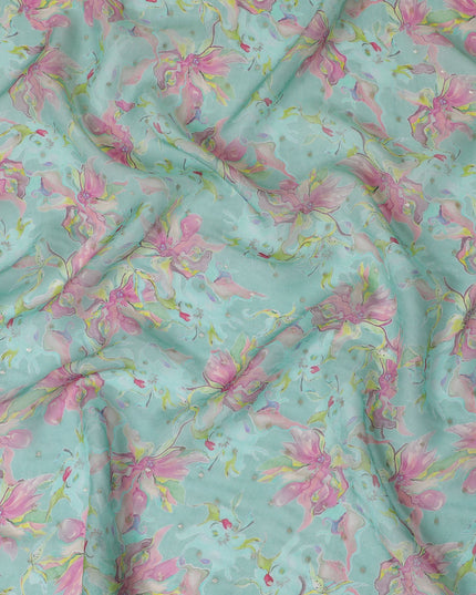 Aqua Blue Floral Synthetic Organza Fabric - 110 cm Width, Made in India-D19633