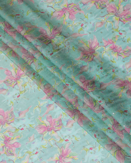 Aqua Blue Floral Synthetic Organza Fabric - 110 cm Width, Made in India-D19633