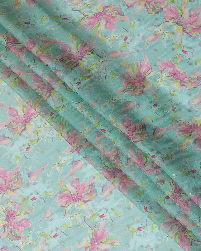 Aqua Blue Floral Synthetic Organza Fabric - 110 cm Width, Made in India-D19633