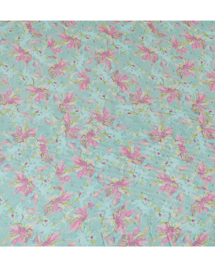 Aqua Blue Floral Synthetic Organza Fabric - 110 cm Width, Made in India-D19633